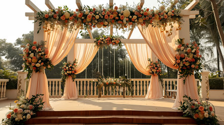 Wedding Ceremony Stage Decoration Background with Sofa and Flowers in Indian Pakistani Traditional Luxury Elegant Styleの素材