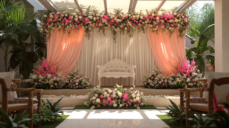 Wedding Ceremony Stage Decoration Background with Sofa and Flowers in Indian Pakistani Traditional Luxury Elegant Styleの素材