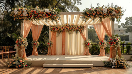 Wedding Ceremony Stage Decoration Background with Sofa and Flowers in Indian Pakistani Traditional Luxury Elegant Styleの素材