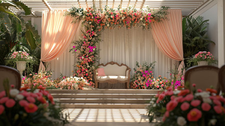 Wedding Ceremony Stage Decoration Background with Sofa and Flowers in Indian Pakistani Traditional Luxury Elegant Styleの素材