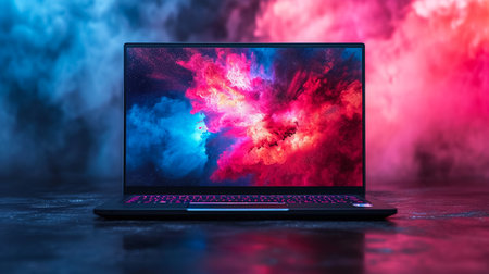 Cropped shot of modern workspace with blank screen laptop, frame, pencils, coffee cup and vase on white table with white wall backgroundの素材