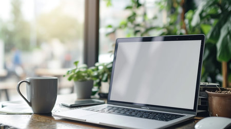 Close-up view of comfortable workplace with open blank screen laptop computer and office suppliesの素材