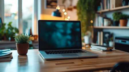 Close-up view of comfortable workplace with open blank screen laptop computer and office suppliesの素材