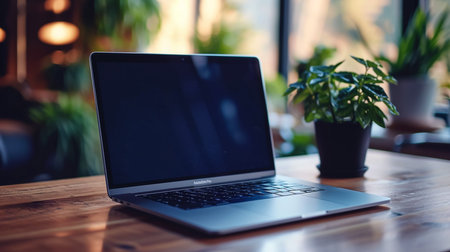 Close-up view of comfortable workplace with open blank screen laptop computer and office suppliesの素材