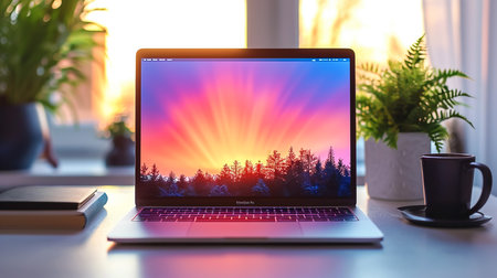 Laptop with design of solar panel on screen in officeの素材