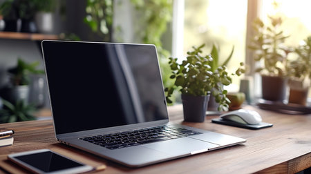 Close-up view of comfortable workplace with open blank screen laptop computer and office suppliesの素材
