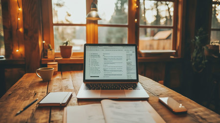 Close-up view of comfortable workplace with open blank screen laptop computer and office suppliesの素材