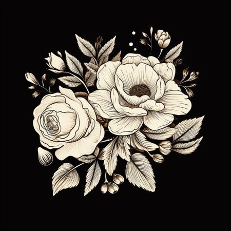 Hand drawn bunch with rose flowers and small gypsophila isolated on white background. Pencil drawing monochrome elegant floral composition in vintage style, t-shirt, tattoo design.の素材