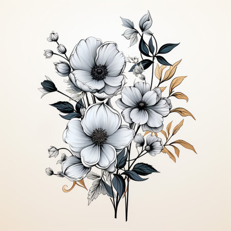 Rose tattoo. Silhouette of roses and leaves on a white background. Linework style. Pattern of rosesの素材