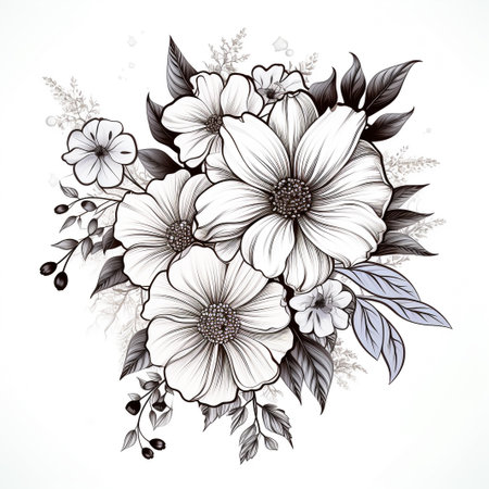 Rose tattoo. Silhouette of roses and leaves on a white background. Linework style. Pattern of rosesの素材