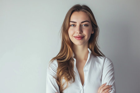 Hispanic businesswoman in formal attire in her office happy and cheerful while using smartphones and working. Young businesswoman using apps on cell phones, reading news, fast connectionの素材