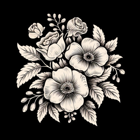Hand drawn bunch with rose flowers and small gypsophila isolated on white background. Pencil drawing monochrome elegant floral composition in vintage style, t-shirt, tattoo design.の素材