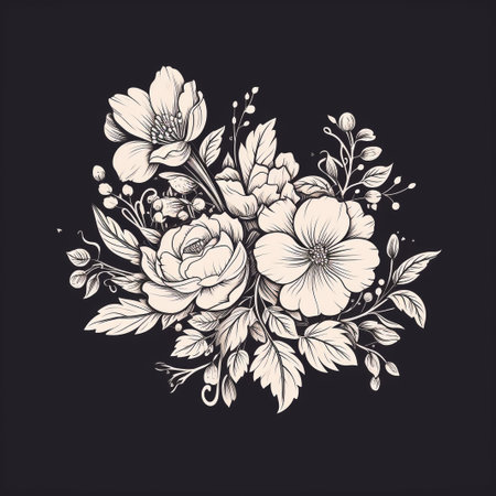 Hand drawn bunch with rose flowers and small gypsophila isolated on white background. Pencil drawing monochrome elegant floral composition in vintage style, t-shirt, tattoo design.の素材