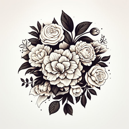 Hand drawn bunch with rose flowers and small gypsophila isolated on white background. Pencil drawing monochrome elegant floral composition in vintage style, t-shirt, tattoo design.の素材