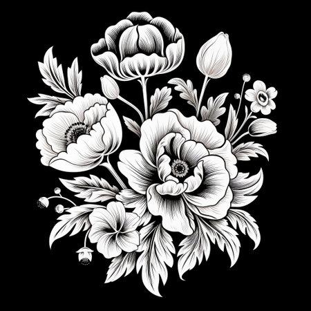 Hand drawn bunch with rose flowers and small gypsophila isolated on white background. Pencil drawing monochrome elegant floral composition in vintage style, t-shirt, tattoo design.の素材