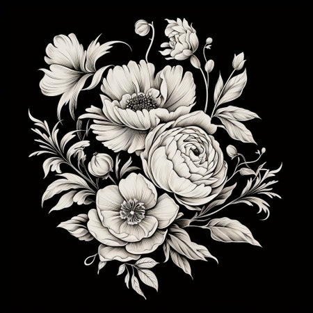 Hand drawn bunch with rose flowers and small gypsophila isolated on white background. Pencil drawing monochrome elegant floral composition in vintage style, t-shirt, tattoo design.の素材