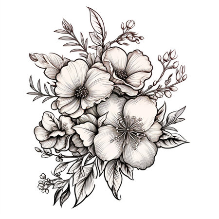 Rose tattoo. Silhouette of roses and leaves on a white background. Linework style. Pattern of rosesの素材
