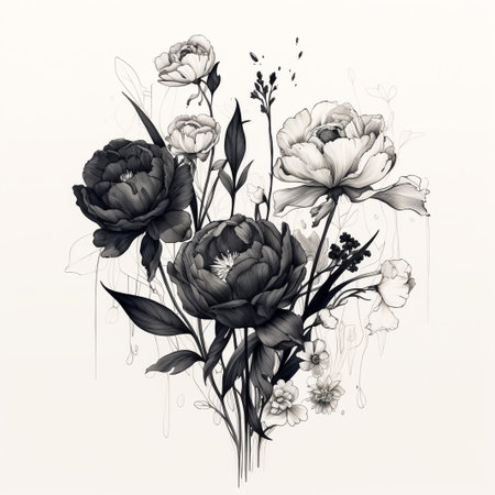 Rose tattoo. Silhouette of roses and leaves on a white background. Linework style. Pattern of rosesの素材