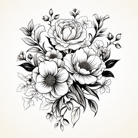 Rose tattoo. Silhouette of roses and leaves on a white background. Linework style. Pattern of rosesの素材