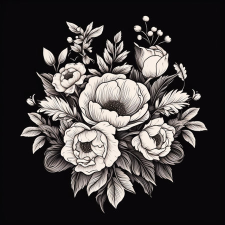 Hand drawn bunch with rose flowers and small gypsophila isolated on white background. Pencil drawing monochrome elegant floral composition in vintage style, t-shirt, tattoo design.の素材