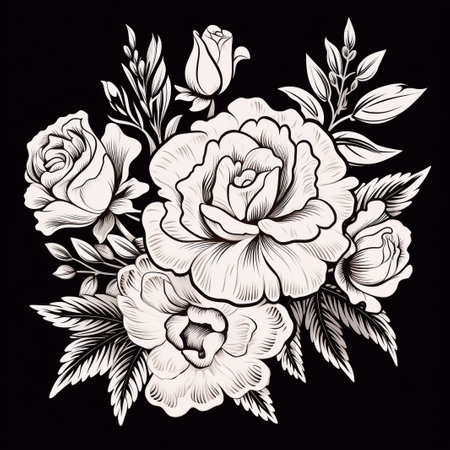 Hand drawn bunch with rose flowers and small gypsophila isolated on white background. Pencil drawing monochrome elegant floral composition in vintage style, t-shirt, tattoo design.の素材