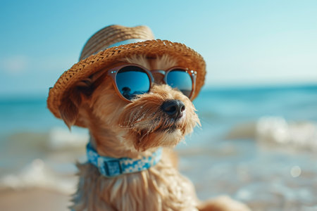 chihuahua dog at the ocean shore beach wearing red funny sunglasses smiling at cameraの素材