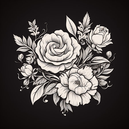 Hand drawn bunch with rose flowers and small gypsophila isolated on white background. Pencil drawing monochrome elegant floral composition in vintage style, t-shirt, tattoo design.の素材