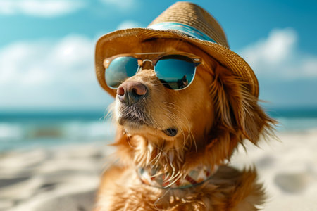 chihuahua dog at the ocean shore beach wearing red funny sunglasses smiling at cameraの素材