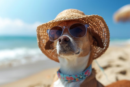 chihuahua dog at the ocean shore beach wearing red funny sunglasses smiling at cameraの素材