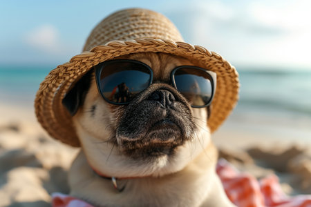 jack russell dog surfing on a wave , on ocean sea on summer vacation holidays, with cool sunglasses and flower chainの素材