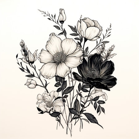 roses. ink hand drawn flowers isolated on white backgroundの素材