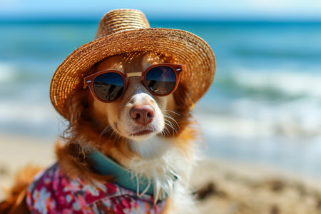 chihuahua dog at the ocean shore beach wearing red funny sunglasses smiling at cameraの素材