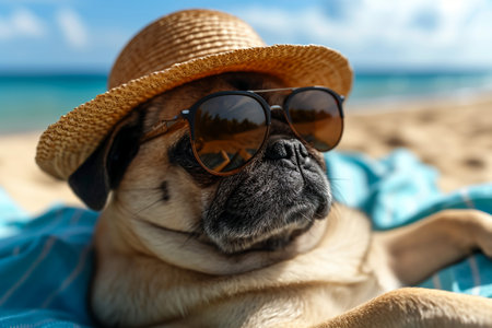 jack russell dog surfing on a wave , on ocean sea on summer vacation holidays, with cool sunglasses and flower chainの素材