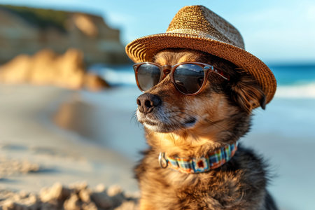 jack russell dog surfing on a wave , on ocean sea on summer vacation holidays, with cool sunglasses and flower chainの素材