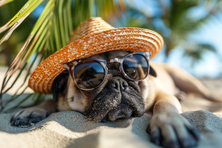 jack russell dog surfing on a wave , on ocean sea on summer vacation holidays, with cool sunglasses and flower chainの素材