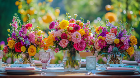 Beautiful flowers decorated on the table.Tables set for an event party or wedding reception. luxury elegant table setting dinner in a restaurant. glasses and dishes. Fancy moment fancy time.の素材