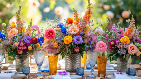 A large, long, decorated, wooden table and chairs, covered with a white tablecloth with dishes, flowers, candles, stands outdoor near the forest in nature. Wedding banquet. lights on backgroundの素材