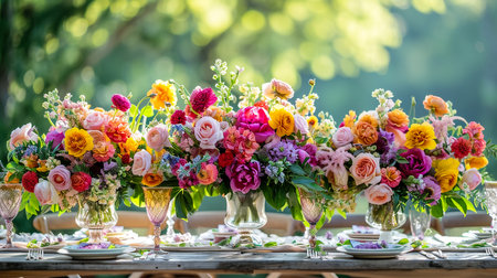 A large, long, decorated, wooden table and chairs, covered with a white tablecloth with dishes, flowers, candles, stands outdoor near the forest in nature. Wedding banquet. lights on backgroundの素材