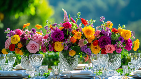 Beautiful flowers decorated on the table.Tables set for an event party or wedding reception. luxury elegant table setting dinner in a restaurant. glasses and dishes. Fancy moment fancy time.の素材
