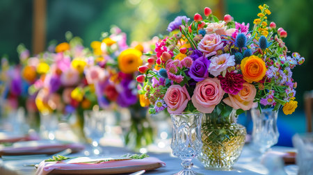 A large, long, decorated, wooden table and chairs, covered with a white tablecloth with dishes, flowers, candles, stands outdoor near the forest in nature. Wedding banquet. lights on backgroundの素材