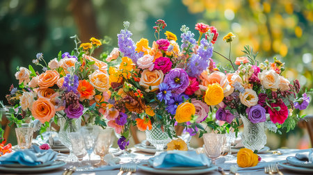 A large, long, decorated, wooden table and chairs, covered with a white tablecloth with dishes, flowers, candles, stands outdoor near the forest in nature. Wedding banquet. lights on backgroundの素材