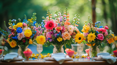 Beautiful flowers decorated on the table.Tables set for an event party or wedding reception. luxury elegant table setting dinner in a restaurant. glasses and dishes. Fancy moment fancy time.の素材