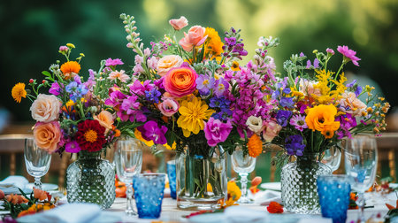 Beautiful flowers decorated on the table.Tables set for an event party or wedding reception. luxury elegant table setting dinner in a restaurant. glasses and dishes. Fancy moment fancy time.の素材