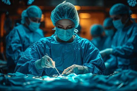 Operating Room With Surgery In Progress. Medical team performing surgical operation in bright modern operating roomの素材