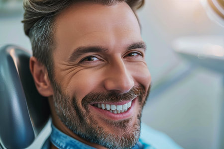 Senior man sitting at dentist chair holding saliva ejector while doctor fixing his toothの素材
