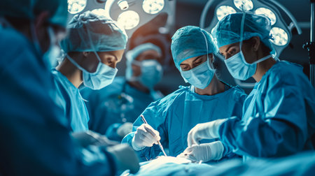 Operating Room With Surgery In Progress. Medical team performing surgical operation in bright modern operating roomの素材