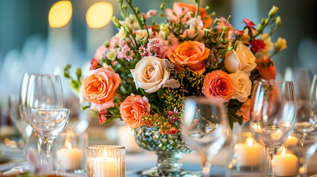 Beautiful flowers decorated on the table.Tables set for an event party or wedding reception. luxury elegant table setting dinner in a restaurant. glasses and dishes. Fancy moment fancy time.の素材