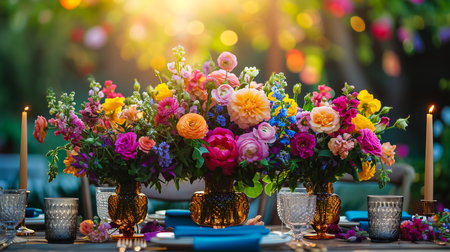 A large, long, decorated, wooden table and chairs, covered with a white tablecloth with dishes, flowers, candles, stands outdoor near the forest in nature. Wedding banquet. lights on backgroundの素材