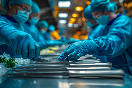 Operating Room With Surgery In Progress. Medical team performing surgical operation in bright modern operating roomの素材