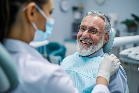 Senior man sitting at dentist chair holding saliva ejector while doctor fixing his toothの素材